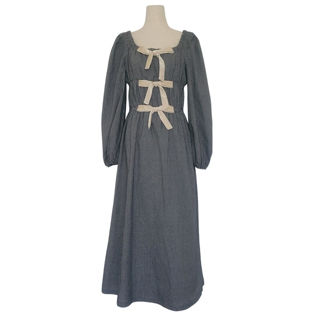 Abel Gingham Bow Puff Sleeve Maxi Dress Size M Black Cottagecore Prairie Modest